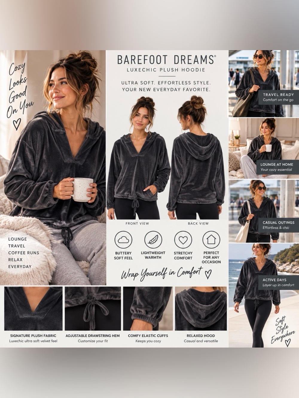 Barefoot Dream Luxechic Soft Plush Velvet Cozy Hoodie‎ Women XS Stretch Comfy